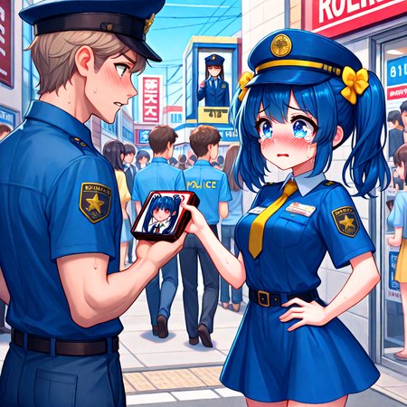 absurdres, explicit, storefront, character print dvd case, holding, 1girl and 1boy, a petite female, shy, blush, unhappy, angry, sweat, breasts, parted lips, twintails, short dress, a tall male, police pants, police uniform, height difference, entrance, glass wall, road, signboard, street, crowd, people, 6+boys, profile, outdoors, looking inside, tearing up, crying with eyes open, police, hand on own hip, R18 dvd case, R18 text poster, <lora:girllikeblockbuster-fix_ilxl:1>