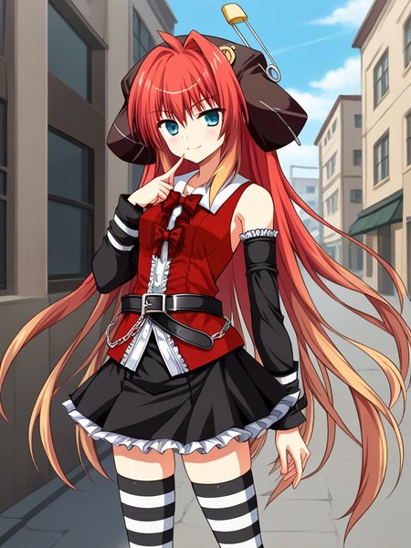 1girl, solo, momijiEXAEXSFA, red hair, gradient hair, very long hair, multicolored hair, single hair intake, ahoge, aqua eyes, hat, red shirt, collared shirt, detached sleeves, bare shoulders, neck bow, red bow, black skirt, frills, belt, chain, asymmetrical legwear, single thighhigh, striped, outdoors, street, standing, smile, finger to mouth, cowboy shot