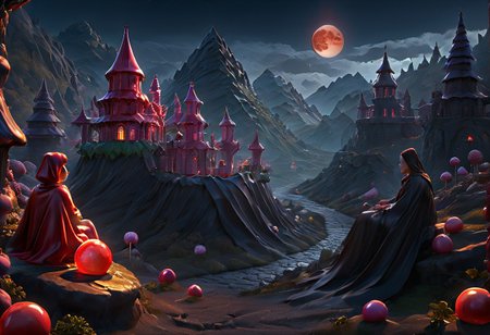 ((masterpiece)), ((best quality)), ultra-detailed, photorealistic, a girl sitting on a cliff, wearing a dark cape, gazing at a distant gothic grim castle, night time, large red moon illuminating the scene, dark medieval fantasy tone, desolate and lovecraftian landscape, eerie atmosphere, dramatic lighting, misty valleys, magic in the air, tragic and fantastical vibe, shadows cast over the land, intricate textures, high resolution, haunting beauty, cinematic composition.castle, dark, chiaroscuro, low-key, DarkFantasy, Dark Fantasy page,castle, Candy, Land, Candy Land, Candy, Candy shapes