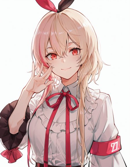 Volumetric Lighting, (masterpiece), (best quality), (ultra-detailed), masterpiece, source_anime, score_9, score_8_up, score_7_up BREAK, illustration, disheveled hair, detailed eyes, perfect composition, moist skin, intricate details, detailed eyes, detailed face, detailed fingers BREAK, short hair with long locks, blonde hair, pink hair, streaked hair, red hair, red eyes, hair between eyes,medium breast BREAK, GuardedBeloved, GB_shirt, GB_hair_ribbon, GB_neck_ribbon, GB_sleeves_bow, GB_arm_strap, ,BREAK, ((white background)), 1girl, solo, looking at viewer, smile,upper body,face focused,closed mouth