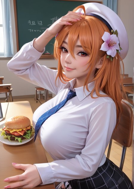 1girl, gosegu, jingburger, jururu, huge breast, ahoge, arm up, black skirt, black socks, blonde hair, blue necktie, blush, bow, breasts, brown skirt, burger, buttons, chair, chalkboard, cheese, classroom, closed eyes, closed mouth, collared shirt, curtains, desk, eyelashes, eyes visible through hair, fingernails, flower, food, hair between eyes, hair flower, hair ornament, hands up, hat, indoors, kneehighs, korean text, long fingernails, long hair, long sleeves, looking at viewer, miniskirt, nail polish, necktie, orange hair, pink nails, plaid, plaid skirt, red eyes, salad, shadow, shirt, short hair, sitting, skirt, smile, socks, solo, sunlight, table, uniform, wall, white shirt, 3d,zPDXL3,zPDXLrl <lora:Sevenbees:1>