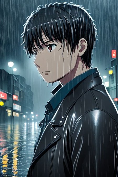 high resolution, solo, best quality, 1Boy, Portrait, Inaho Kaizuka, Black Hair, heavy rain, downtown, night, looking down, sad, leather jacket, looking away, wet, wet hair,