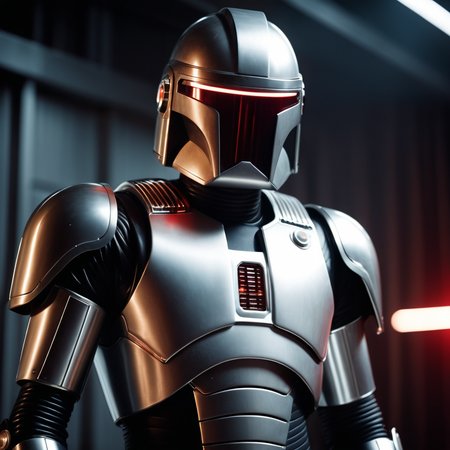 cinematic film still ((cylon:1.5 robot)), (silver skin:1.3), (chrome theme shiny suit:1.3), ((parody)), battlestar galactica 1978 sci fi, vintage film, red lasers, holding weapon, full body,  film grain, (chromatic abberation:1.3),  robot, visor, high quality,  lens flare, blurry foreground, bokeh, <lora:Char_maj-JudgeDredd2012v2-SDXL:0.30> (screengrab from battlestar galactica)  . shallow depth of field, vignette, highly detailed, high budget, bokeh, cinemascope, moody, epic, gorgeous, film grain, grainy