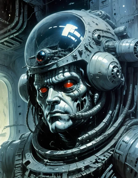 "Close-up, front-facing view of a scavenger, his face reflecting horror, within the chilling confines of a derelict space station. Sharp contrasts, lavishly intricate, drawing from H.R. Giger", surrealism, weird and pissed off, oil on canvas, dry brush, <lora:John Berkey Style:0.9>, John Berkey Style