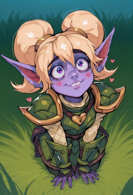 r3110style,   masterpiece, best quality, solo,                                                                                                                        poppy \(league_of_legends\), blonde hair, armor, purple skin, love hearts,  seated on grass,  silly expression, grassy fantasy background