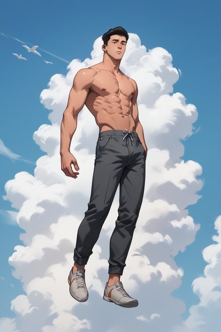 gay male, source_anime, score_9, score_8_up, score_7_up, score_6_up, score_5_up, score_4_up <lora:Mark_Grayson_Pony:0.7> mark_grayson, brown eyes, black hair, parody, in the sky, clouds everywhere, floating in sky, full body,  <lora:perfection style:1> perfection style