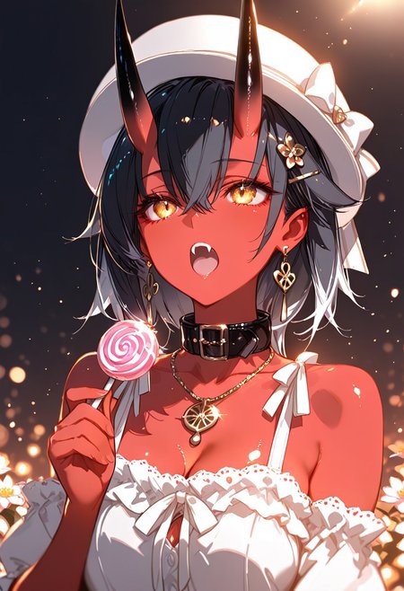 masterpiece, best quality, good quality, newest, highres, absurdres, volumetric lighting,gradient color, uncensored,
BREAK 
raytracing, volumetric lighting, ambient occlusion, girl, background, masterpiece, best quality, very awa, absurdres, model style, stylist,
BREAK
 ambient occlusion, raytracing, soft lighting, blum effect, masterpiece, absolutely eye-catching, particles, glow, shining, intricate cinematic background, (beautiful face),  
BREAK
hair ornament, jewelry, earrings, necklace, collar,  
BREAK
masterpiece,amazing quality,best quality,ultra-detailed,8K,illustration,CG,shiny hair,clear skin,ultra-detailed-eyes, detailed background,cute girl, eyelashes
BREAK
(sexy, slutty, hot, aroused) (only girl, solo foucus)
Aka-Oni, oni, colored skin, red skin, smooth horns, black horns, long hair, 
BREAK 
 hairclip, short hair, open mouth, bow, holding, hair between eyes, 1girl, black hair, fangs, upper body, flower, hat bow, candy, frills, food,