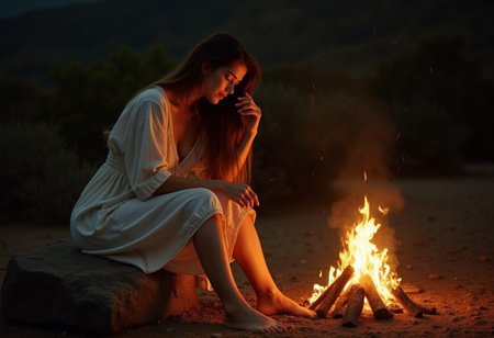 A beautiful turkish brunette woman sitting on a large rock, leaning forward, hair hanging down, sitting by a camp fire, brushing her long brown hair, wearing linen night clothes, hair hanging down, glowing campfire, eyes closed, medium figure, medium breasts, bare legs, bare feet, pretty feet, night time, historical, chiaroscuro, realism. detailed