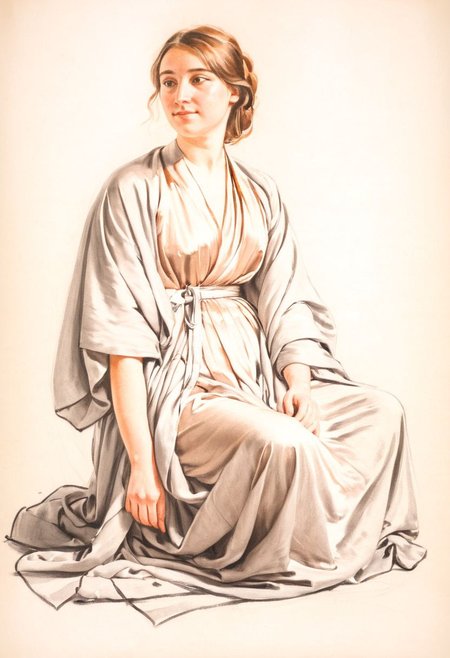 a sketch of a woman, simple background, solo, sitting, robe, drapped, cloth, full body, <lora:sketch_study_XL_resize:1>