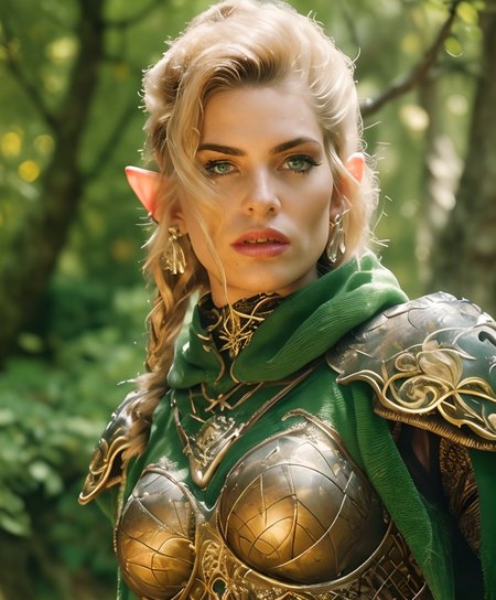 RAW photo, (masterpiece:1.3), subsurface scattering, heavy shadow, (high quality:1.4), (intricate, high detail:1.2), professional photography, HDR, High Dynamic Range, realistic, ultra realistic, photorealistic, high resolution, film photography, ambient lighting, atmospheric effects, <lora:detail_slider_v4:2>, OverallDetail, Samantha, <lora:Samantha:1>, as a female wildelf ranger, green cloak, headdress, jewelry, intricate armor, in the forest, dynamic pose, <lora:Wildelf:0.7>, epiCPhoto