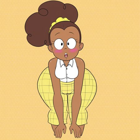 (Luan Loud,brown hair,ponytail,black eyes,yellow scrunchie)  (tall:0.7) (small breasts,thin arms,huge hips,huge thighs,huge butt,long legs) (white shirt,collared shirt,sleeveless,yellow skirt,plaid skirt) (brown skin:1), (bottomless), (bottom-heavy), bent over, hands on floor, on all fours, blush, blushing front above