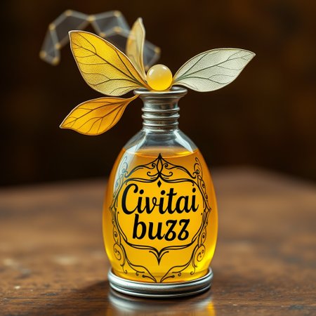 a fancy fantasy yellow potion that say "Civitai buzz" with sliver trimming metal casing