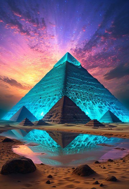 (by Ellen Jewett:1.5), (Bioluminescent Impressionism, Egyptian landscape, The Dreamland, Egyptian desert, sand, rock, great pyramids, fine pyramids, smooth pyramids, techno pyramids with great beams of light shooting up into the sky,  sky sunset, sunrise ,waterfall, ethereal landscapes, depth of field, biotech emotion:1.3) <lora:xl_more_art-full_v1:0.5> <lora:add-detail-xl:1> <lora:RMSDXL_Creative:2>