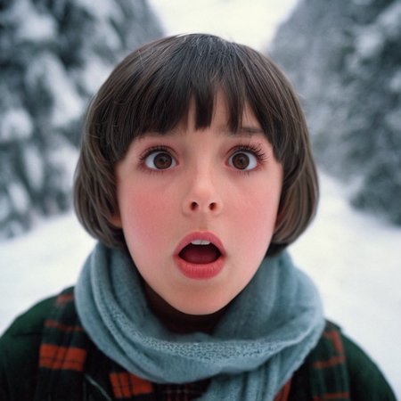 UHD, 4k, ultra detailed, cinematic, a photograph of  <lora:perfection style:0.5> <lora:detailed:0.5> perfection detailed
 <lora:The Shining film style:0.9>
 <lora:1980's style:0.4>
From below, In the 1980's in the Colorado Rocky Mountains a young boy with a surprised look on his face,1girl,solo,looking at viewer,short hair,open mouth,bangs,brown hair,brown eyes,teeth,blunt bangs,scarf,blurry,black eyes,lips,blurry background,traditional media,bob cut,portrait,close-up,realistic , cinematic, film, kodak, The Shining film style, epic, beautiful lighting, inpsiring