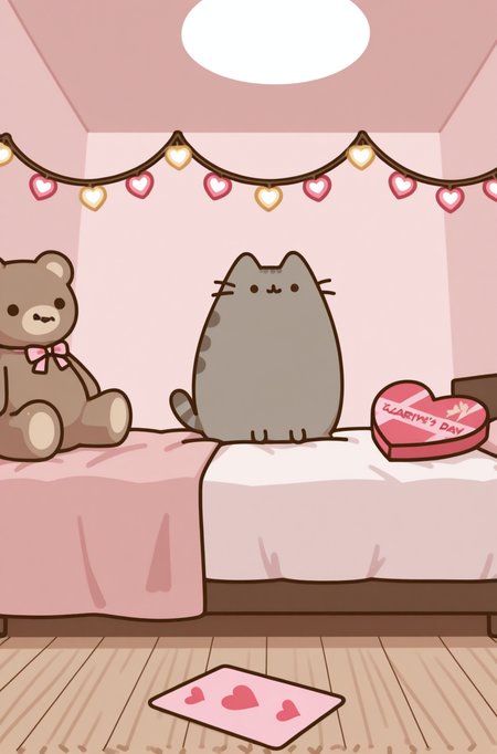 masterpiece, best quality,very aesthetic, giant teddy bear, Valentine's Day card, cozy bedroom, fairy lights, warm and fuzzy vibes, Pusheen <lora:PusheenIXL:1>