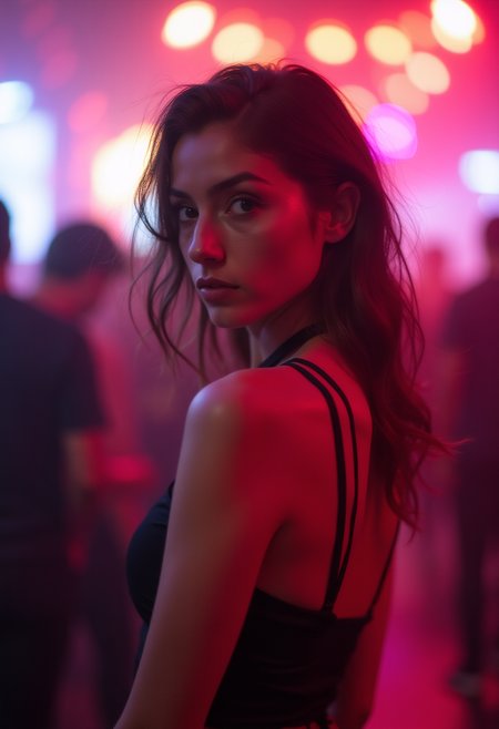 extremely ugly 35 year old whore. She hates clefts and dimples. Posing confidently in a neon-lit disco, out-of-focus background with pedestrians. Modern, professional flash photography, film grain.