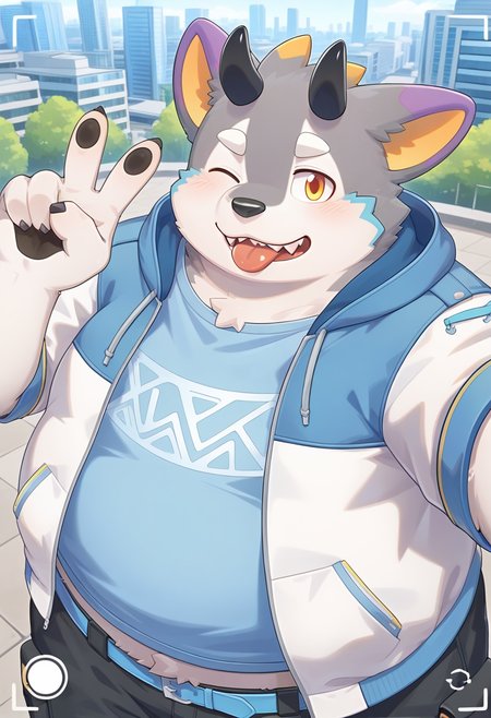 detailed, vibrant, (no lineart:0.5), detailed background, amazing_quality, best quality, <lora:belphegor-15A:1> hbelp, dog_boy, (grey two-tone skin), 1boy, 
, hooded_jacket, blue t-shirt, blue belt, cargo shorts, black cargo shorts, two-tone jacket, blue jacket, white jacket, v, selfie, one eye closed, tongue out, smile, from above, outdoors, city, upper body, fake screenshot, photoshop \(medium\),  white sleeves, plump,