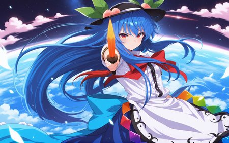 absurdres, highres, masterpiece, best quality, amazing quality, official anime artwork, screencap, anime screencap, outdoors, dynamic pose, looking at viewer, 
<lora:Tenshi-Hinanawi_Illustrious:1> hinanawi tenshi, 1girl, solo, red eyes, blue hair, long hair, hat, peach hat oranement, red bowtie, white shirt, short sleeves, apron, petticoat, blue skirt, holding, sword of hisou, kaname-ishi , 
space, earth, serious, figthing stance, light particles, cloud, flying,