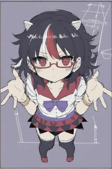 masterpiece, best quality, (((1girl))), solo, solo focus, (((kijin seija))), horns, red eyes, multicolored hair, black hair, streaked hair, short hair, red hair, white hair, dress, bow, jewelry, bracelet, white dress, blue bow, puffy short sleeves, puffy sleeves, bowtie, blue bowtie, short sleeves, arrow \(symbol\), white shirt, blue sash, purple bowtie, purple bow, buttons, ribbon trim, multicolored clothes, back bow, sash, sailor collar, red sailor collar, (((black thighhighs))), (((glasses))), skinny, narrow waist, petite, flat chest, (((rough sketch))), (((flat color))), (((sketch))), watercolor effect, (((dim lighting))), (((linear hatching))), (((simple shading))), ((cel shading)), <lora:seijaKijin_seijaKijin:1>, <lora:Blueprint_v10:1>, (((blueprint))), (((math))), (((equation))), limberized lines from above illustration for solo view,1Loft blush&long nose, short hair blush with blush?, few hairs girlpanty:ns+, 1child, bad fingers on thighs |nsfwl