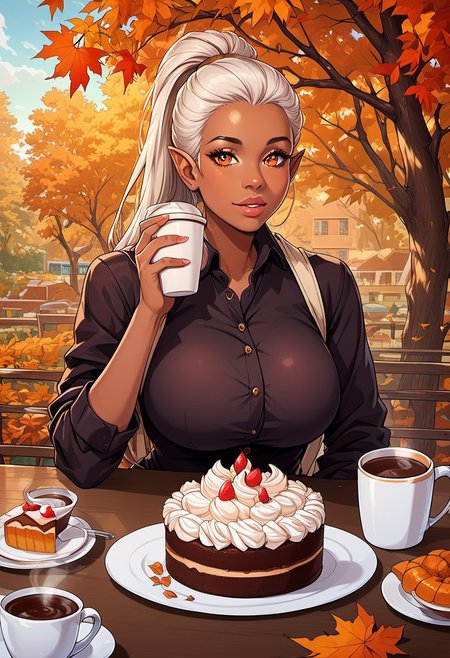 score_9, score_8_up, score_7_up, score_6_up, score_5_up, score_4_up, ANIMEShader, beautiful elven woman, (dark skin:1.3), long white hair in a ponytail, small cute button nose, soft round chin, detailed orange eyes, bright orange eyes, high definition eyes, detailed eyes, elf ears, huge breasts, sitting behind table, cup of coffee, piece of cake, café, detailed background, autumn, falling leaves outside, soft light,