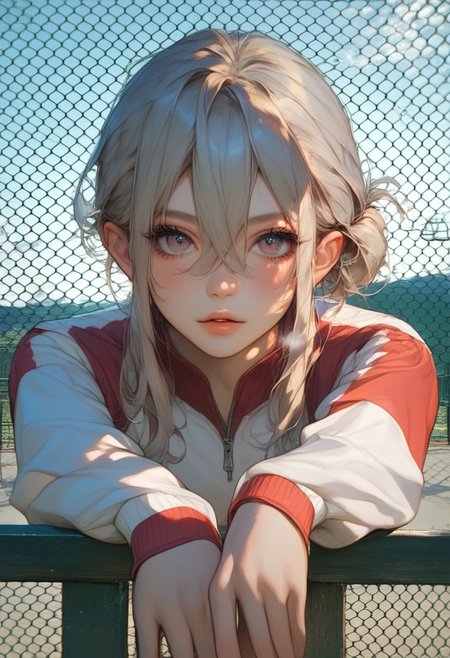 Score_9, score_8_up, score_7_up, score_6_up, score_5_up, score_4_up,1girl, casual outdoor style, sporty casual look, (thumb hole sleeves:1.3), wearing thumbhole cuff, beautiful face, detailed anatomy, cinematic lighting, anime, beautiful girl, solo_focus, source_anime, (thumb hole cuff:1.1), cloudy sky, long sleeves, gloves, dynamic angle, runner sport outfit, fence, view through the fence  looking at viewer, through fence, focus on fence, big long fence, from front, cinematic scene, CLOSE-UP on FACE. Her eyes dart around nervously. The camera slowly PUSHES IN as she takes a deep breath, she behind the fence, full lips, hair behind ear, hair between eyes, long eyelashes, eyeshadow, eyeliner