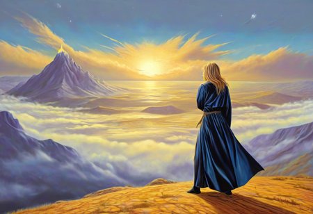 1woman, blonde hair, she's the grim reaper, facing away, rocky hill, standing, black robe blowing in the wind, clouds, sky, sunset, stars, cosmic, in meditation, ultra detailed landscape, bright yellow energy surrounding surrounding her, volumetric lighting, ultra detailed clothes, ultra detailed body, ultra detailed hair, looking at an ancient city made of blue crystals is in the distance, serenity, glowing,
by Natalia Rak and Barclay Shaw in the style of Jessica Rossier,  <lora:EnvyAnimeWatercolorXL02:0.60> ,   Elmore_Style_LX <lora:Elmore_Style_LX-000011:0.60>