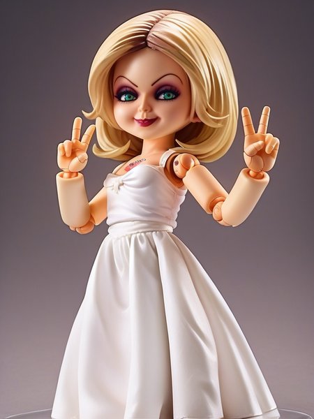 score_9, score_8_up, score_7_up, 1girl, looking at viewer, cowboy shot, dress lift, bare shoulders, naughty face, from below, dynamic pose, smile, cute, wide shot, simple background, cute pose, v, from side, 
<lora:TifannyCMXLP_character:0.8>TiffanyXLP, blonde hair, green eyes, eyeshadow, makeup, white dress, long skirt, doll joints, cartoon, tattoo,   <lora:Anime_Figure_P1:1> figure,,