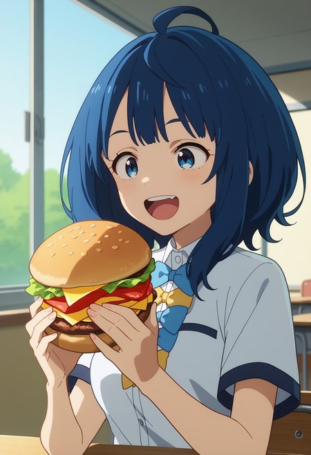 score_9, score_8_up, score_7_up, anime screencap, source_anime, 1girl, solo,
<lora:Anna_Yanami_Makeine_V2:.85>, KJOanna, blue hair, blue eyes, medium hair, ahoge, 
school uniform, short sleeves, bowtie, upper body, 
eating, holding burger, happy, open mouth, 
School, classroom, window, sunny,
(Beautiful, medium Breasts:1.2),