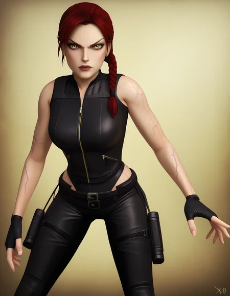 Masterpiece, high-res, 2k, best quality, 2d,  1 girl, laradopple , yellow eyes,  serious, medium shot, black veins, <lora:Lara_dopple_pony-000043:1> With legs spread wide open leaning forward slightly