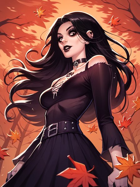 score_9, score_8_up, score_7_up, score_6_up, score_5_up,  <lora:DNXLP:1> dn, 1girl, autumn leaves, gothic, long hair, black hair,