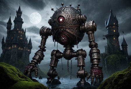 giant bipedal robot pewter silver and dark red stripes and bronze silver paisley robot. lacy robot cube spiked. head. outside of a steampunk keep. large detailed torso. dark image. one forty foot tall ancient robot with great arms and two heavy spring legs. dark foggy night background. $dark foggy night image only. dark photo realistic image. steampunk details. cogs, chains and pipes incorporated in the fantasy buildings. magic wizards tower in background. Dark swamp, moss, castle ruins, wizards tower. stormy dark night. small floating machines