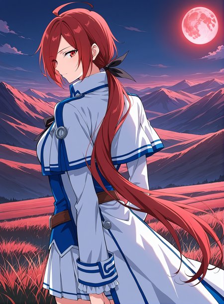 <lora:Xiao_Yu__Battle_Through_the_Heavens__Illustrious2:1>
1girl, solo,  red hair, long hair, long sidebangs, ahoge, ponytail, hair over one eye, red eyes, anime style, 
white and blue uniform, fantasy outfit, long coat, white pleated mini skirt, high boots, layered clothing, puffy sleeves, black ribbon, waist belt, structured sleeves, large collar, open coat, chest bow, symmetrical outfit, hair loop,
score_9, score_8_up, score_7_up, source anime, BREAK, cowboy shot, (from side), looking back, looking at viewer, overlooking mountain, high altitude, scenery, exterior, background, (solo), night, red moon