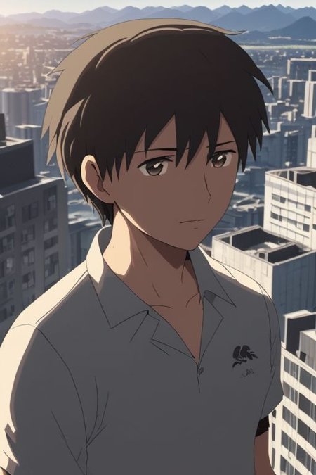 high resolution, solo, best quality, 1Boy, Takaki Toono, Brownish Hair, Brown Eyes, high-rise, top of building, landscape, shallow depth of field, OverallDetail