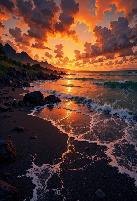 Tahiti Black Sand Beach – Sunset Glow & Volcanic Shoreline
"A dramatic tropical beach in Tahiti, where black volcanic sand glistens under the golden hour light. The sun casts a fiery glow on the distant mountains, while gentle waves reflect the warm hues of sunset. The contrast between the glowing sky and the dark, polished shoreline creates an otherworldly and mesmerizing coastal scene."