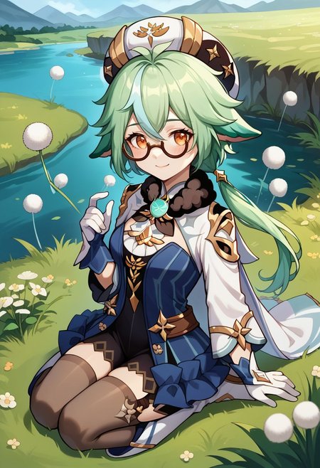 score_9, score_8_up, score_7_up, source_anime, 1girl, sucrosedef, orange eyes, green hair, multicolored hair, hair between eyes, long hair, ponytail, animal ears, glasses, semi-rimless eyewear, hat, beret, fur collar, vision (genshin impact), blue dress, gold trim, cape, long sleeves, white gloves, garter straps, black thighhighs, knee boots, white footwear, wariza, kneeling, closed mouth, smile, blush, looking at viewer, outdoors, grass, lake, wind, dandelion, portrait, close-up, upper body, facing viewer, <lora:Sucrose_v1-000010:1>