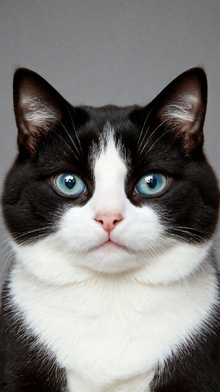 highly detailed, high-resolution photograph of a unique cat with strikingly contrasting fur colors. The cat's face is split down the middle, with the left side being a deep, glossy black and the right side a pure, fluffy white. The cat's eyes are a vivid, striking blue, which contrasts sharply with both the black and white fur. The black side of the cat's fur appears sleek and smooth, while the white side looks soft and fluffy, with visible individual hairs. The cat's nose is a natural black, blending seamlessly with the black fur. The background is a smooth, gradient grey, which ensures that the cat's fur colors stand out prominently. The photograph captures the cat from the waist up, with the focus on its face, and the lighting is soft and natural, highlighting the textures of the fur and the cat's eyes. The image is a close-up, emphasizing the cat's distinctive appearance.,aidmaimageupgrader, aidmaMJ6.1 <lora:aidmaMJ6.1-FLUX-v0.5:0.7> <lora:aidmaImageUprader-FLUX-v0.3:0.4>