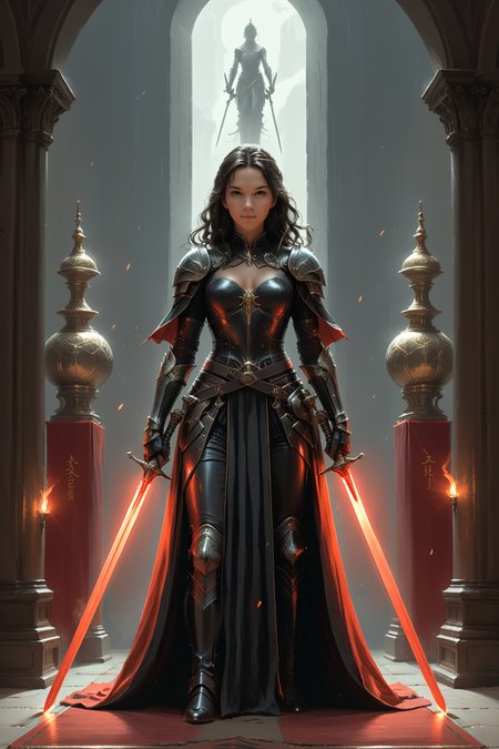 fantasy, 1 hero with dual swords <lora:dual_swords:0.55>  , <lora:EnvyStudioPortraitXL01:0.35> ,, ,alchemical,(by Edward Gorey and Emiliano Ponzi:1.20), (by Alena Aenami and Sherree Valentine Daines and Noriyoshi Ohrai:0.80) <lora:more_art:0.35> <lora:RMSDXL_Enhance:0.50> <lora:RMSDXL_Creative:0.50> <lora:RMSDXL_Photo:0.50> <lora:RMSDXL_Darkness_Cinema:0.50> <lora:clothing_slider:1.50> <lora:great_lighting:1.50> <lora:aesthetic:1.50> <lora:looking_at_viewer:1.50> <lora:photorealistic_portrait_v2:0.25> <lora:attractive_v2:0.15> <lora:extremely_detailed_v2:0.25> <lora:add_detail:0.25> <lora:perfect_eyes:0.25> <lora:perfect_hands:0.50> <lora:midjourney:-0.15>
