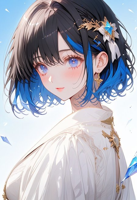 1girl, solo, ((Shion Tachibana, Perfect Face, Short hair, Black hair, Multicolored Blue hair, Expressive eyes, Blue crystal eyes)), expressive face, blushing, closed mouth, perfect body, perfect breast, tall, white skin, wedding dress, gold ornament, hair ornament, church, blue sky, cinematic lighting , cinematic angle, soft light , color detail, backlighting, Depth of field, long exposure, light steps,  intricate colors, vibrant colors, negative_hand, easynegative, verybadimagenegative_v1.3,