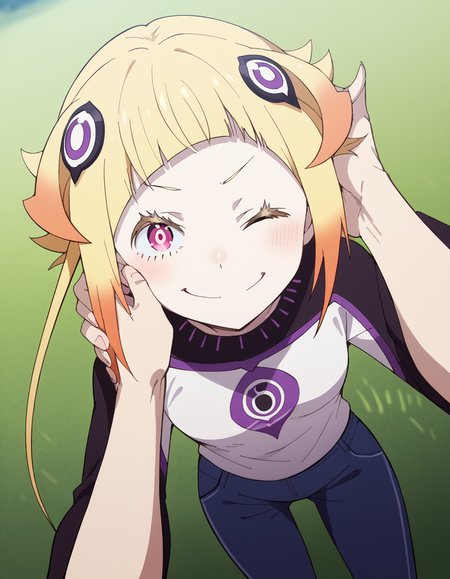 score_9, score_8_up, score_7_up, source_anime, <lora:capella-emerada-lugunica-s3-p1-ponyxl-lora-nochekaiser:1>, capella emerada lugunica, short hair, blonde hair, hair ornament, pink eyes, multicolored hair, gradient hair,, shirt, t-shirt, white shirt, pants, denim pants,, soccer field, grass, goal, players, sport, , <lora:guided-hand-on-cheek-ponyxl-lora-nochekaiser:1>, guided hand on cheek, hand grab, hand on another's cheek, hand on another's face, looking at viewer, pov, pov hands, smile, blush, one eye closed, caress, caressing cheek, looking at viewer, solo,, dutch angle, cowboy shot