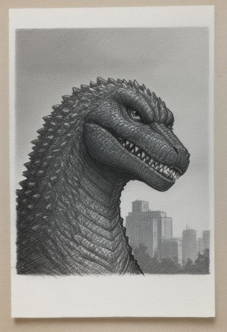 traditional media \(artwork\),monochrome,sketch,rough sketch,paper texture, 1monster, solo, giant reptillian dinosaur godzilla, sharp teeth, dorsal plates, spines, feral, realistic scales, detailed scale texture, furry male, solo, plantigrade, portrait, close-up, sloped neck, solo, extremely detailed, Macro detailed realism style, creature, scales, textured skin, sharp teeth, spikes, back spikes, Masterpiece,Sharp focus,UHD,Polaroid,High quality,Perfect,Atmospheric,64k,8k,CCTV,Telephoto,