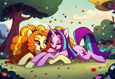 by scorpdk, scorpdk, score_9, score_8_up, score_7_up, score_6_up, score_5_up, score_4_up, source_furry, source_pony, rating_safe, pony,  equestria girls,  female, 
friendly, happy, friendship,
2 girl, duo, top down shot, 
pony_adagio_dazzle_mlp
confetti,
park background, 
hugging each other,   mlp pony art,   pony_aria_blaze_mlp,  MLP. 
HazbinStyle, cartoon character, Horror Picture Show style
