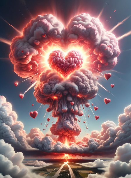 nuclear explosion, hearts, ral-vltne, RAW color Photo, 8k, bottom view, <lora:ral-vltne:0.7>