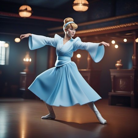 cinematic photo cinematic photo a full body agressive cinderella is a karate fighter in a dojo doing a highkick  <lora:Cinderella1024:0.8> . 35mm photograph, film, bokeh, professional, 4k, highly detailed . 35mm photograph, film, bokeh, professional, 4k, highly detailed