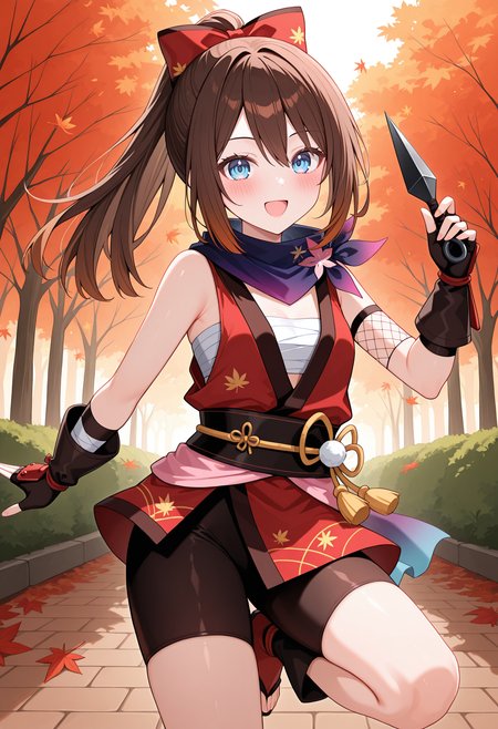 highres, best quality, masterpiece, outdoors, maple leaf, autumn leaves, 
1girl, solo, nptram, brown hair, long hair, blue eyes,
nram4go, ponytail, hair bow, ninja, red kimono, sleeveless kimono, sarashi, indigo scarf, gradient scarf, bandages, fingerless gloves, gloves, bike shorts, 
looking at viewer, blush, smile,
standing, open mouth, 
standing on one leg, holding kunai,
<lora:_ram_neptunia-elesico-ilxl:1>