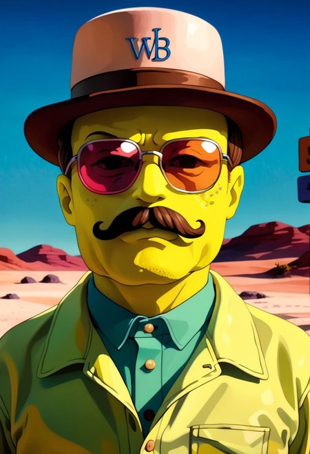 cinematic film still, saturated colors,  negative space, 
establishing standing shot, looking at viewer, 
spongebob,
((just the face is similar to Walter White), breaking bad style, hat, moustache, sunshades, ), 
closed mouth, eyes open,