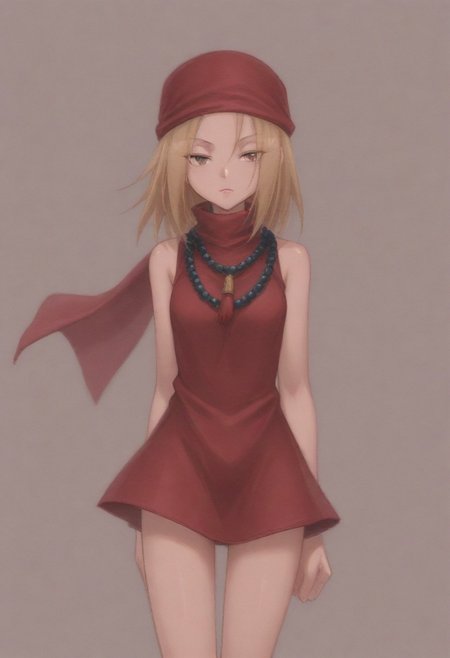 masterpiece, best quality, amazing quality,,, shiny skin,,,,,kojiann, short hair, blonde hair, brown eyes, short dress, sleeveless, bead necklace, red bandana, bracelet, <lora:Anna IXL 2-000013:1>