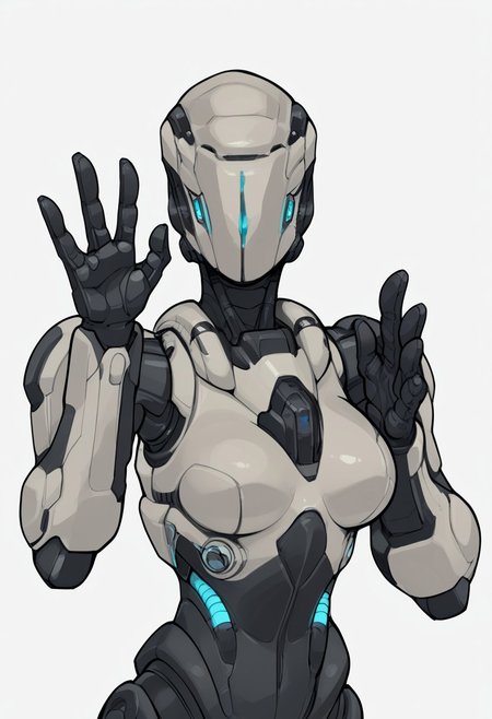 score_9, score_8_up, score_7_up, score_6_up, score_5_up, score_4_up, source_anime, 1girl, solo, sam hayden, robotic female, breasts, upper body only, single eye, robotic eye,  blue eye, white body, pochincoff, hand up, waving, cute girl