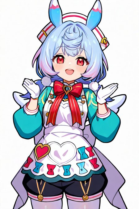 masterpiece, High quality, Ultra detailed, 2d, newest, absurdres, highres, BREAK
1girl, solo, <lora:sigewinne:0.8>, low twintails, pom pom hair ornament, blue hair, white headwear, animal ears, red eyes, 
small breasts, sigewinneDef, long sleeves, white apron, aqua shirts, red bowtie, puffy sleeves, white gloves, shorts, black shorts, apron ornament, striped bows, white pantyhose, wings, white back bow, short tail, 
looking at viewer, smile, open mouth, hands up, hands_heart,