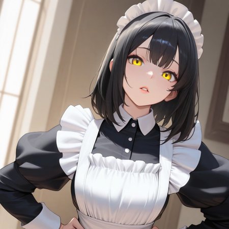 1girl, maid, black hair, medium hair, maid headdress, masterpiece, yellow eyes, kitsune, parted lips, looking at viewer, maid outfit, indoor, hands on hips, volumetric lighting, portrait, upper body,