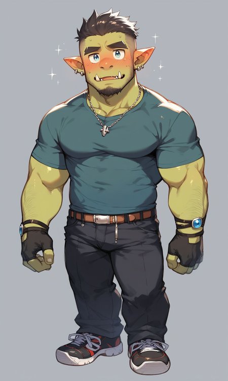 masterpiece, 1boy, solo, sd_male, sd_male, chibi, (orc, fang out,  green skin, fang:1.2), muscular male, bara, (body hair:1.3),   thick eyebrows, beard, full body, (looking at viewer, full-face blush:1.4), <lora:SDmale_V1b:1.0>, score_9_up, score_8_up, score_7_up, score_6_up, score_5_up, score_4_up,